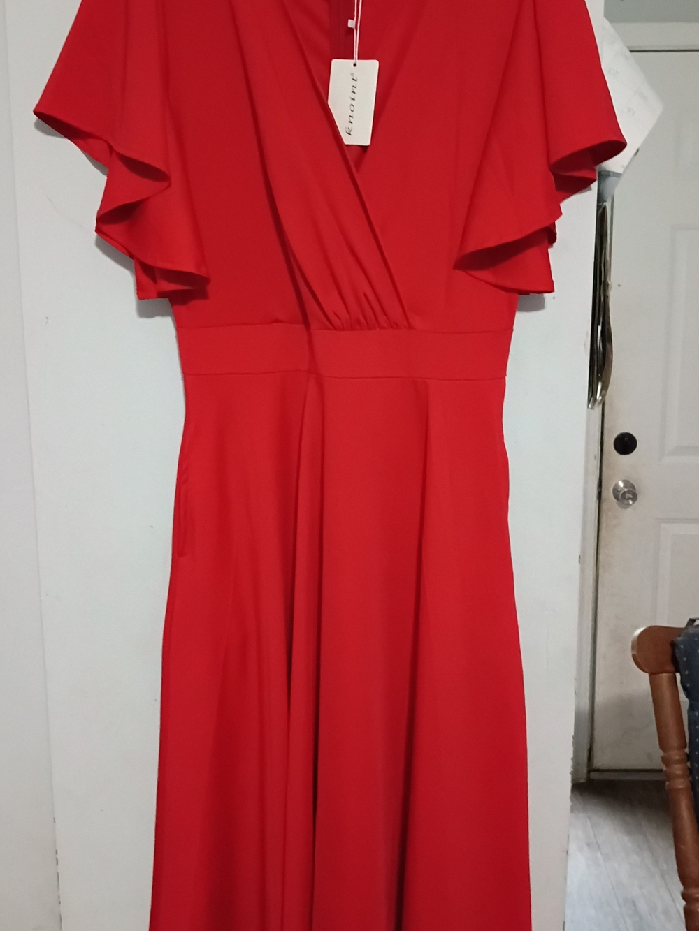 Red Flutter-Sleeve V-Neck Maxi Dress